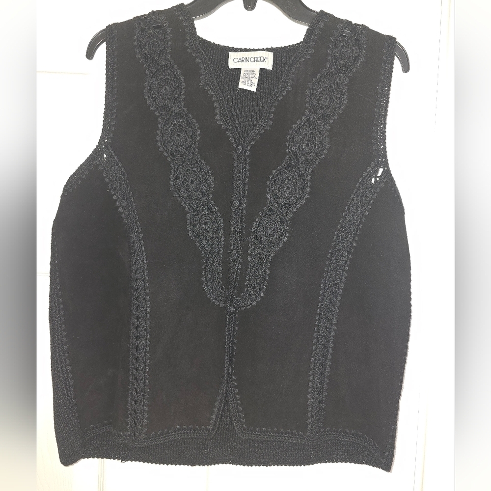 Cabin Creek Black Leather, Crochet, And Knit Boho Goth Vest